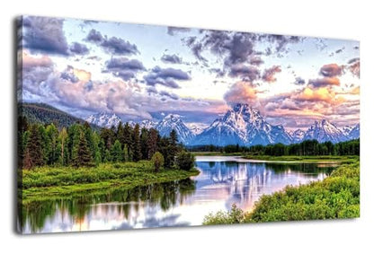 Grand Teton Canvas Wall Art Oxbow Bend Mountain River Pictures, 29"x58" - color: National Park, size: 58"L x 29"W
