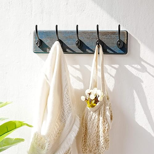 Dseap Coat Rack Wall: Patented, Heavy-Duty, 5-Double-Hooks Wooden Wall Mounted Coat Rack Coat Hanger Hook Rail for Winter Coats Hat Jacket Clothing, Weathered Blue - color: Weathered Blue & Black, size: L=17.4" (1pcs)