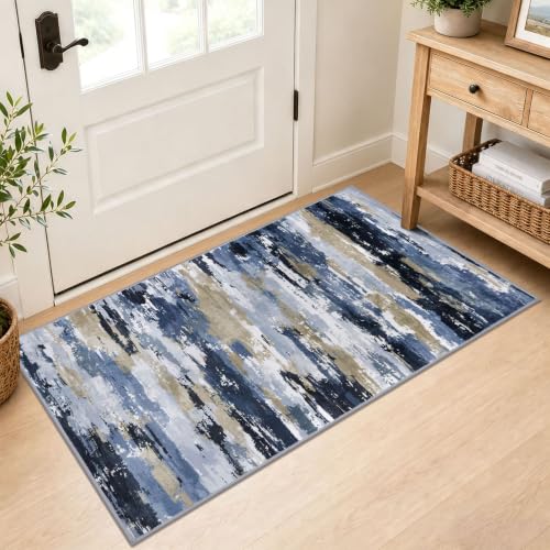 Abstract 2x4 Rug Washable Entryway Runner Non Slip Kitchen Runner | Navy Blue Multi;Thin Printed Faux Wool Entrway Runner;4ft Carpet Runners;Non Skid Runners for Bedroom,Hallway,Laundry Room - color: Navy / Blue / Taupe, size: 2' x 4' (Runner)
