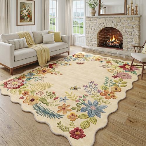 FMFUNCTEX 6x9 Washable Beige Floral Boho Scalloped Area Rug for Living Room - color: Beige, size: 6' x 9' (Rectangular)