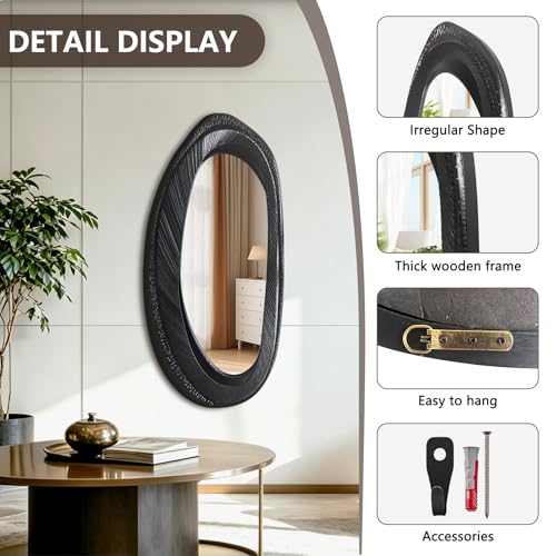 POZINO 40"X20" Irregular Wall Mirror, Black Asymmetrical Wood Mirror - size: 40"L x 20"W