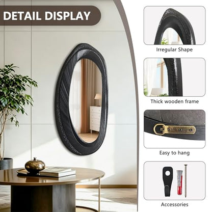 POZINO 47"X22" Large Irregular Wall Mirror, Black Asymmetrical Oval Mirror - size: 47"L x 22"W
