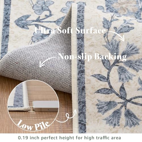 jinchan 3x8 Washable Hallway Runner Rug, Floral Non-Slip, Blue/Cream - color: Blue/Cream, size: 3' x 8' (Rectangular)