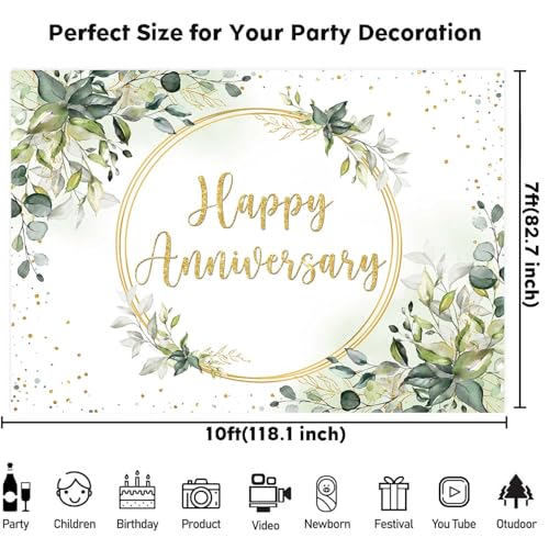 Sensfun 10x7ft Happy Anniversary Backdrop Sage Green Eucalyptus Wedding Anniversary Party Decorations Greenery Marriage Memorial Day Cheers to 10 Years 25th 40th 50th Wedding Day Banner - size: 10x7ft