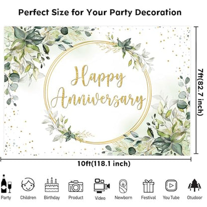 Sensfun 10x7ft Happy Anniversary Backdrop Sage Green Eucalyptus Wedding Anniversary Party Decorations Greenery Marriage Memorial Day Cheers to 10 Years 25th 40th 50th Wedding Day Banner - size: 10x7ft