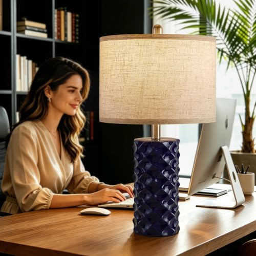 Star Diamond Ceramic Table Lamps Set of 2 - Dark Blue Nightstand Lamps 23" - color: Dark Blue