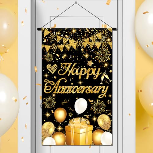 Anniversary Party Decorations Black Gold Happy Anniversary Door Banner Sign Small Wedding Anniversary Door Hanging Banner Porch Front Door Decor for Men Women Anniversary Cruise Door Sign Supplies - color: Black Gold Anniversary