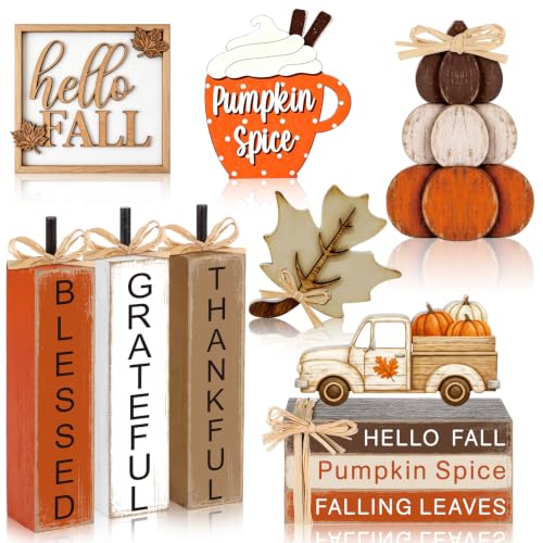 11 Pcs Fall Table Decorations Autumn Pumpkin Wooden Decorative Set Featuring Blessings Gratitude and Appreciation Sign for Thanksgiving Various Occasions Family Dining Kitchens Offices - style: Pumpkins