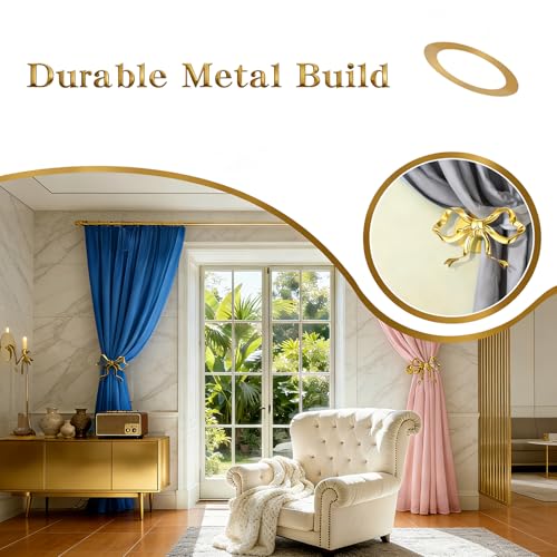 2-Piece Gold Bow Curtain Tiebacks, Metal Wall-Mounted Curtain Holdbacks, Gold Holders for Living Room, Bedroom, Office, and Home Decor