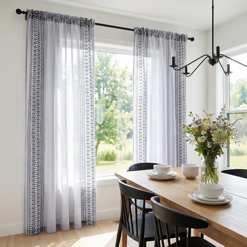 jinchan Floral Linen Sheer Boho Curtains 96 Inch Rod Pocket 2 Panels Gray - color: Boho Grey, size: 55"W x 96"L (Pack of 2)