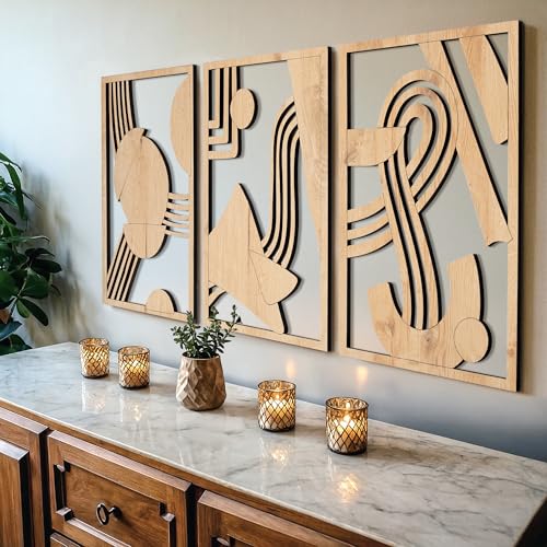 qmmp Modern Wooden Wall Sculptures - Set of 3 - Home Decor Accent - Large Wall Art for Living Room, Bedroom, Office - Easy Installation (Oak, Large - Abstract Shapes) - color: Oak, size: Large - Abstract Shapes