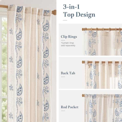 jinchan Linen Curtains 84 Inch Blue Floral Drapes Back Tab 2 Panels Set - color: Blue on Beige, size: 50"W x 84"L (Pack of 2)