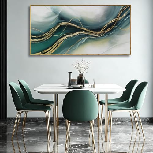 Green Gold Abstract Canvas Prints 24x48 Inch, Large Framed Wall Picture with Wooden Frame, Modern Luxury Home Decoration for Bedroom Living Room or Office - color: Teal & Gold, size: 48"L x 24"W