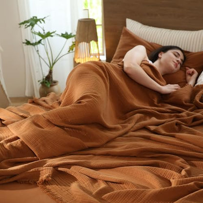 MooMee 100% Cotton Muslin Blanket, Fringed 4-Layer Gauze Bed Throw Blankets - color: Drak Orange, size: Oversize Queen