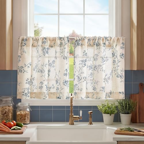jinchan Floral Linen Kitchen Tier Curtains, 20 Inch, 2 Panels, Blue - color: Alisa Blue, size: 26"W x 20"L (Pack of 2)