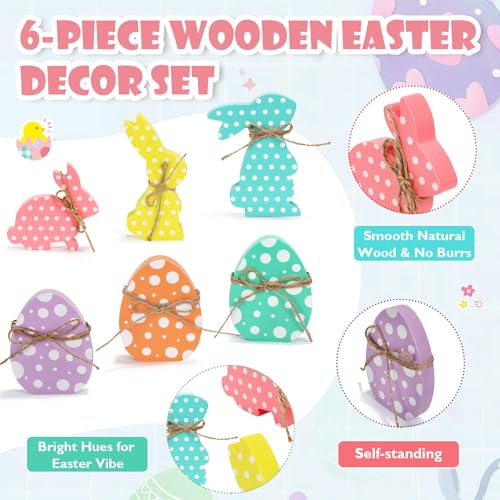 6 Pcs Wooden Bunnies Eggs Easter Decorations for Home Office - color: Easter Bunny and Eggs