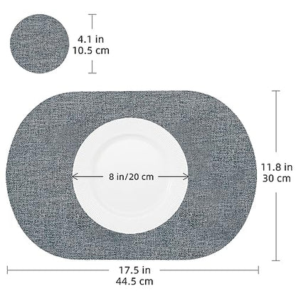 Oval Table Mats Set of 6, Faux Leather Placemats, Heat Resistant & Waterproof(Navy/Grey) - color: Navy/Grey