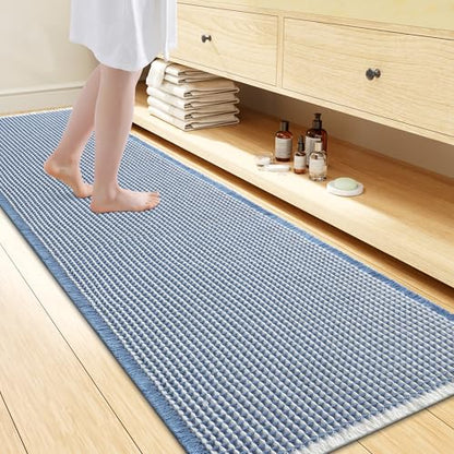 Smiry Waffle Bath Mat 72X24, Soft Absorbent Bathroom Rugs, Blue & Cream - color: Blue & Cream, size: 72" X 24"