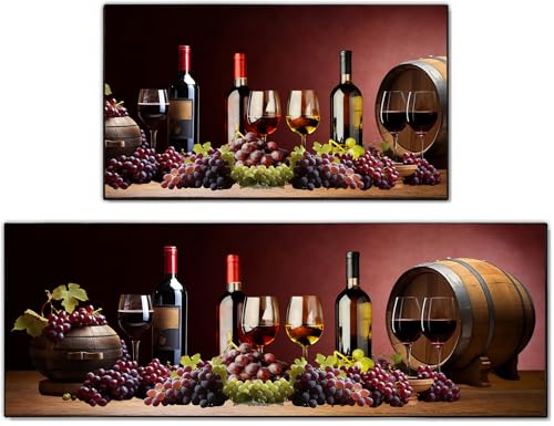 Red Wine Kitchen Decor Rug Set of 2,Country Farmhouse Style Kitchen Floor Mat,Absorbent and Washable Runner Rug, 17x30+17x47 Inches - color: Red Wine
