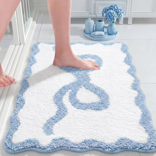 Tinideya Blue Bow Bathroom Rug 20" x 32" Scalloped Bow Bath Mat - color: Blue, size: 20" x 32" (Rectangular)