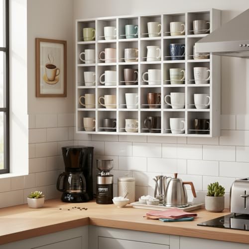 Kigley Oversize Coffee Mug Display Rack Wooden Shelves Rustic Shot Glass Display Case Travel Mug Shelf Wall Mounted Rack Holder Shadow Box(5 x 6,White) - color: White, style: 5 x 6