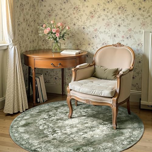 jinchan 5ft Vintage Floral Round Rug, Circle Washable Rug, Forest Green - color: Forest Green, size: 5' (Round)