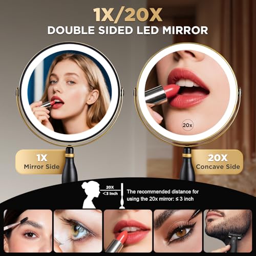 Lighted Makeup Mirror, 20x Magnifying - Matte Black with Gold Trim - color: Matte Black With Gold Trim