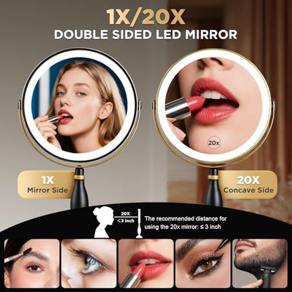 Lighted Makeup Mirror, 20x Magnifying - Matte Black with Gold Trim - color: Matte Black With Gold Trim