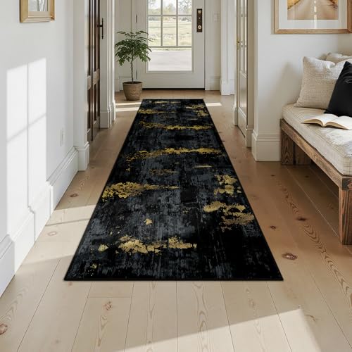 RELEANY Washable Runner 2'6"x10' Abstract Area Rug for Hallway Black Gold - color: Black/Gold, size: 2'6" x 10' (Runner)