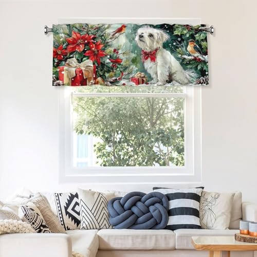 Christmas Dog Curtain Valance 54x18 Inches Window Treatment Rod Pocket Valance for Kitchen Bathroom Bedroom - color: Christmas Dog