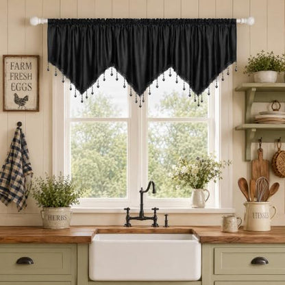 Molaxhome Swag Curtain Scalloped Curtain Valance Drape Sheer Lace Panel 1pc - color: Cloth Black