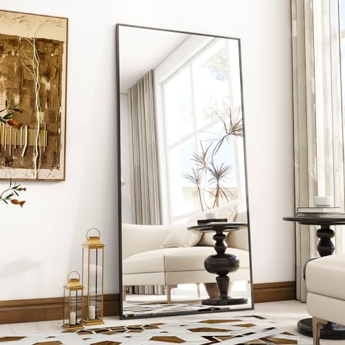 VooBang Oversized Full Length Mirror, 71" x 30" Floor Mirror with Stand, Aluminum Alloy Frame Full Body Mirror, Standing Hanging or Leaning Against Wall Bedroom Living Room, Black - color: Black, size: 71"L x 30"W