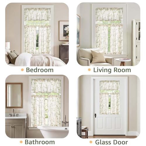 jinchan Green Linen Floral Kitchen Tier Curtains and Valance Set 3 Pieces - color: Alisa | Green on Linen, size: 26"W x 36"L (Pack of 3)