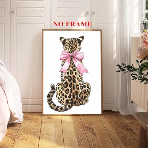 Funky Leopard Wall Art Pink Bow Picture Trendy Cheetah Wall Art Aesthetic Leopard Poster Preppy Cheetah Posters Preppy Bow Paintings Aesthetic Animal Posters for Living Room Dorm 16x24in Frameless - color: Leopard