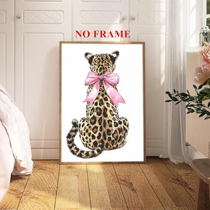 Funky Leopard Wall Art Pink Bow Picture Trendy Cheetah Wall Art Aesthetic Leopard Poster Preppy Cheetah Posters Preppy Bow Paintings Aesthetic Animal Posters for Living Room Dorm 16x24in Frameless - color: Leopard