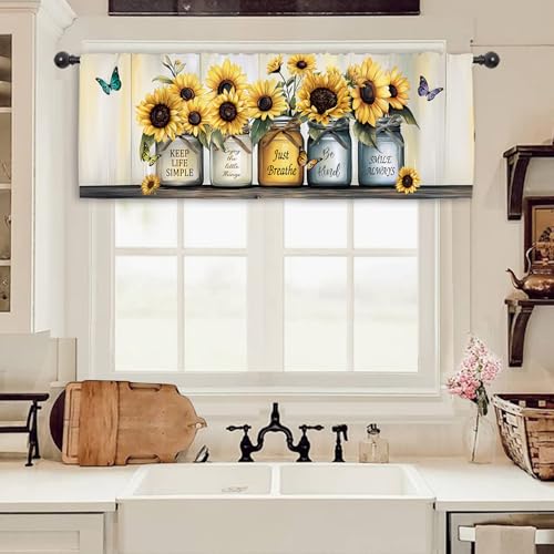 Miyotaa Farmhouse Sunflower Rustic Kitchen Curtain Valance 54W x 18H Rod Pocket Country Rural Quotes Inspirational Positive Window Treatment for Living Room Bedroom Bathroom - color: Yellow Sunflower Quotes, size: 54"W x 18"L (Pack of 1)