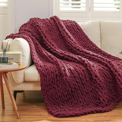 WESHIONGOO Chunky Knit Blanket Throw for Couch Bed 51"×63" Burgundy Red - color: Burgundy Red, size: 51"x63"(Large Size Throw)
