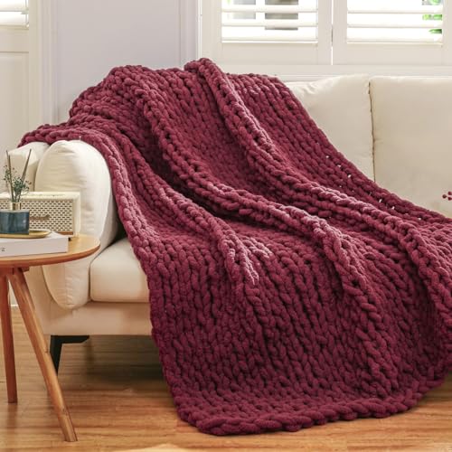 WESHIONGOO Chunky Knit Blanket Throw for Couch Bed 51"×63" Burgundy Red - color: Burgundy Red, size: 51"x63"(Large Size Throw)