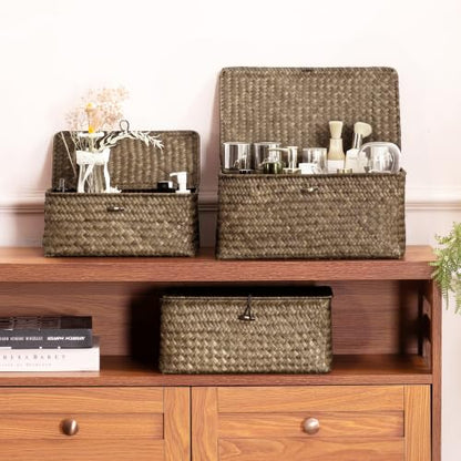 Nonam Wicker Storage Basket with Lid,Seagrass Shelf Basket Set of 3,Coffee - color: Coffee* Set of 3