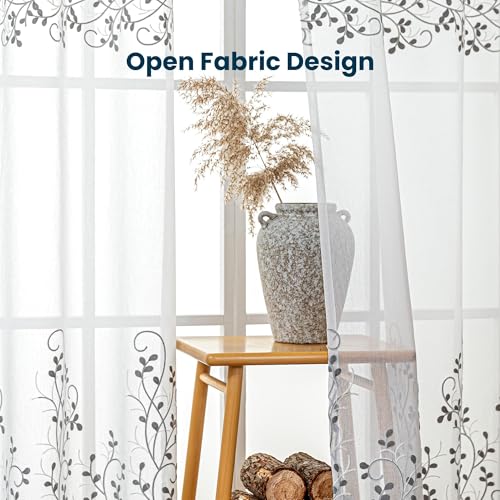 SLEEP ZONE Sheer Curtains for Living Room and Bedroom, Embroidered Sheer Curtains White Sheer Curtain 52 × 63 inch Length of 2 Panels, White Twig - color: White Twig, size: 52"W×63"L