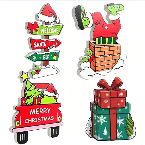 4 PCS Christmas Tables Centerpieces Decorations for Home Wooden, Christmas Tiered Tray Decorations Set for Kitchen Office Home Indoor Mantel Decorations