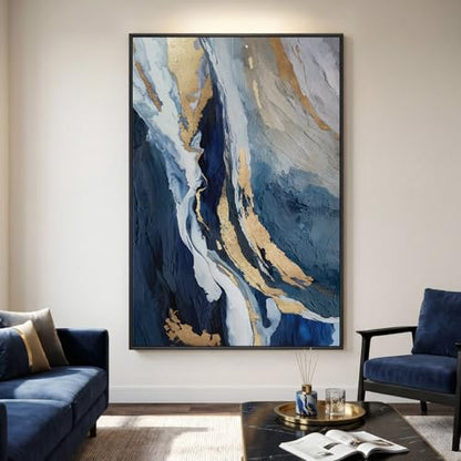 Extra Large Framed Navy Blue Abstract Wall Art for Living Room, 40x60 In - color: Blue and Gold, size: 60"L x 40"W