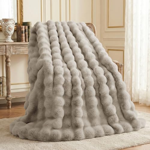 L'AGRATY Faux Rabbit Fur Throw Blanket for Couch, 90'' x 108'', Castle Grey - color: Castle Grey, size: 90" x 108"