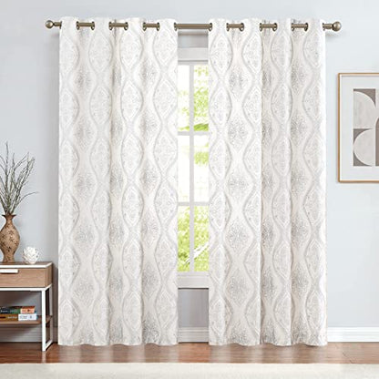 jinchan Boho Floral Linen Curtains 84 Inch Grey on Ecru Grommet 2 Panels - color: Damask Grey, size: 50"W x 84"L (Pack of 2)