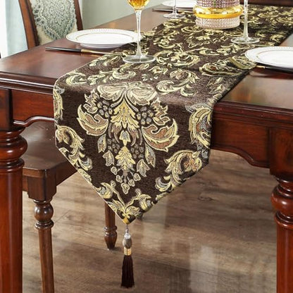 Dark Brown Table Runners 120" Thick Chenille with Europe Floral Pattern - color: Dark Brown, size: 13x120"