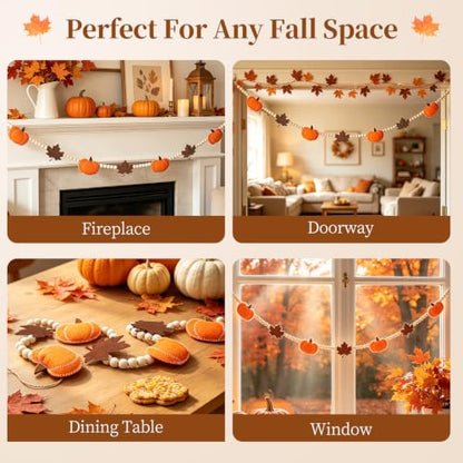 6.8 FT Fall Pumpkin Garland with Maple Leaves and Wood Beads, Autumn Decor - color: Pumpkin