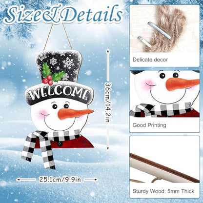 Whaline Winter Snowman Wooden Hanging Sign with Black White Buffalo Plaid Scarf Ribbon Snowman Welcome Sign Xmas Door Decor Sign for Christmas Winter kitchen Indoor Outdoor Porch Wall - style: vivid