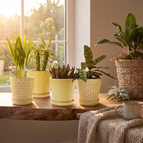 EFISPSS Ceramic Plant Pots, 5 Inch Planters with Drainage Holes and Ceramic Tray, Relief Design Flower Planter, Desktop Office Windowsill Decoration Gift Set of 4 - Lemon Yellow - color: Lemon Yellow