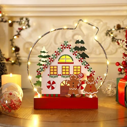 Christmas Tabletop Decoration, Wooden Lighted Gingerbread House Ornaments, Battery Operated Christmas Indoor Fireplace Home Table Decorations - style: Gingerbread House