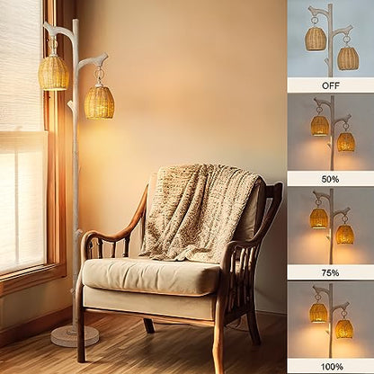 Scenekoy 68" Tall Floor Lamp with Wicker Drum Shade, Foot Switch Dimming - color: Washed White